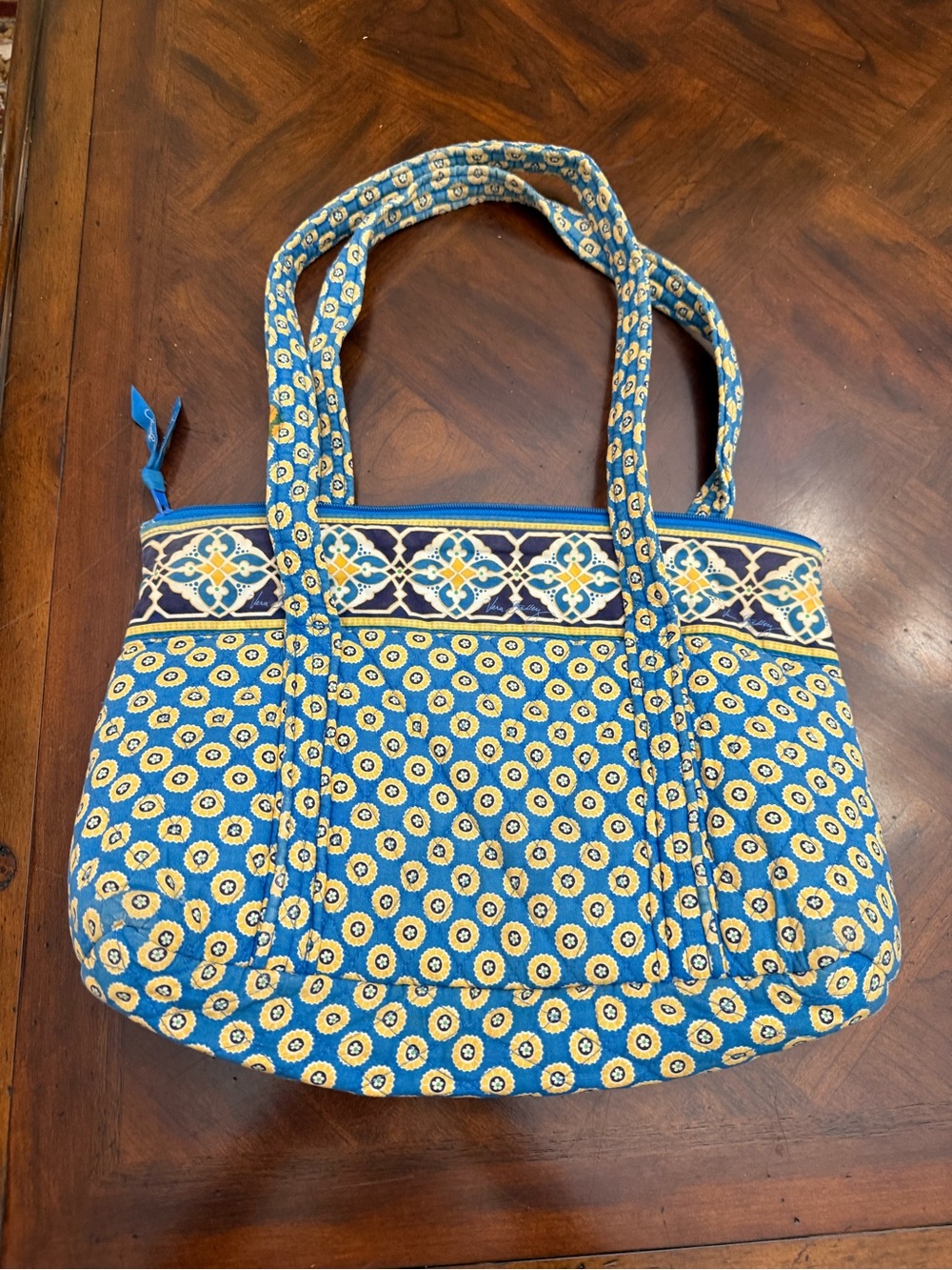 Vintage Vera Bradley Blue and Yellow Quilted Shoulder Tote
